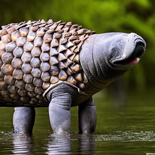 Prompt: a Manatee with the armor of a pangolin, national geographic photograph