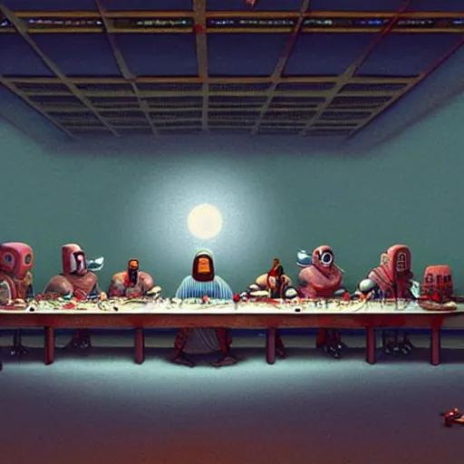 Image similar to the last supper with robots by simon stalenhag