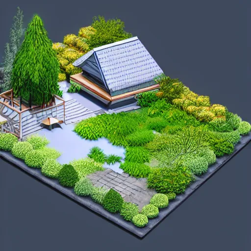 Prompt: isometric Japanese home with garden, aerial view, blender render, 3D model