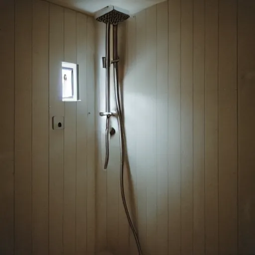 Image similar to a Polaroid photo of a shower that has a water pump and heater connected to it so the water flows from the drain back in to the shower head, beams of light, nostalgic