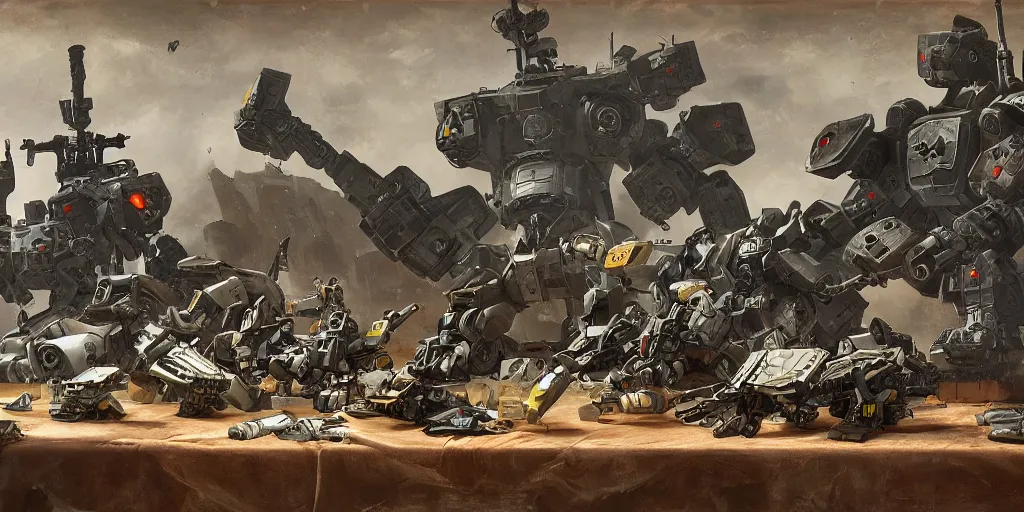 Image similar to Still life of a combat mech surrounded by its weapons, inspired by Carvaggio