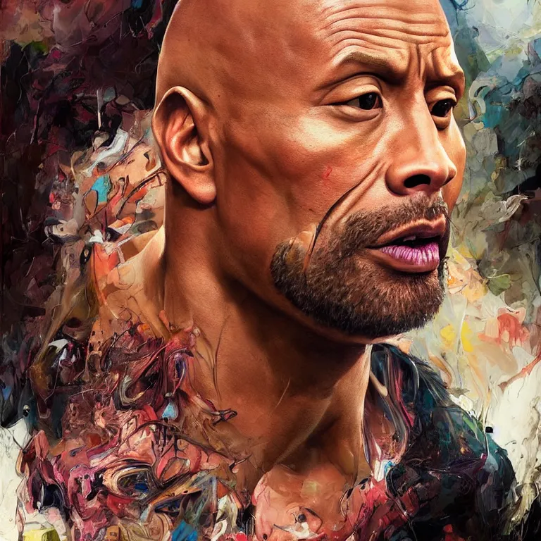 Prompt: dwayne johnson raising an eyebrow in the style of adrian ghenie, raising eyebrow, 3 d render, face close up, esao andrews, jenny saville, surrealism, dark art by james jean, ross tran