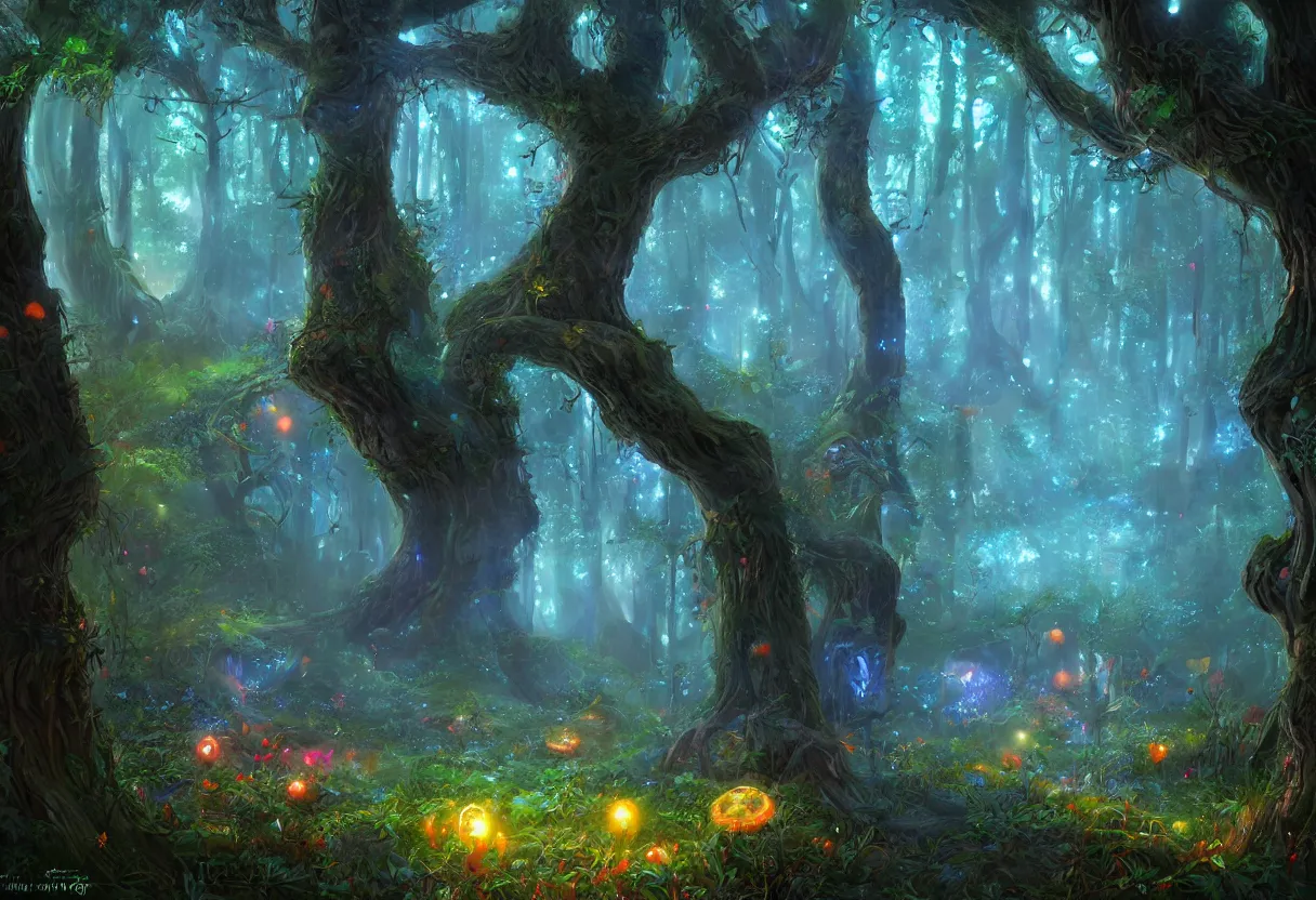 Prompt: A masterpiece digital art piece of a glowing magical forest. There are glowing blue plants, glowing red mushrooms, big trees and overhanging shrubbery. The air is fresh, stress-relieving. Heaven on earth. Trending on Artstation, cgsociety.