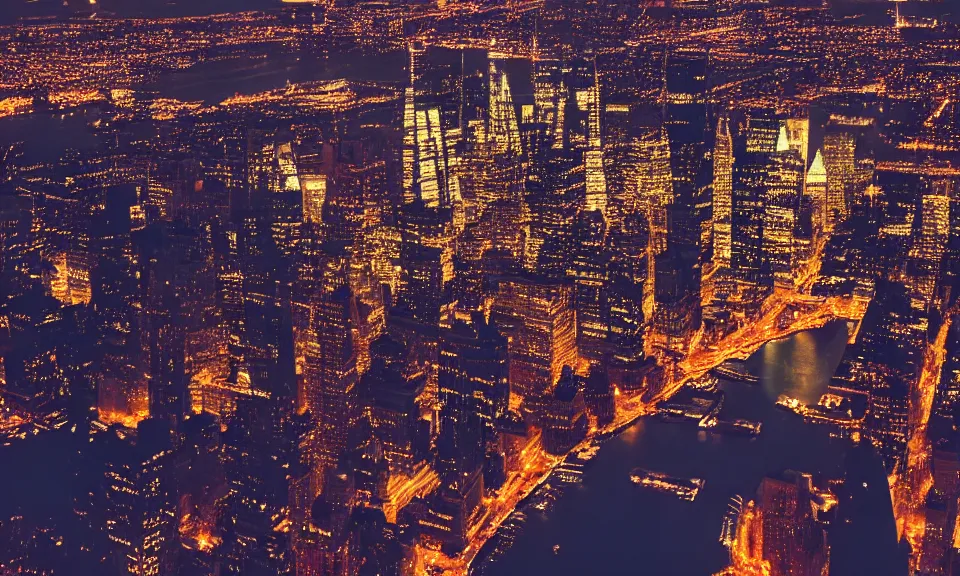 Prompt: photo of new york city at night, birdseye view, 4k, grainy, film photography