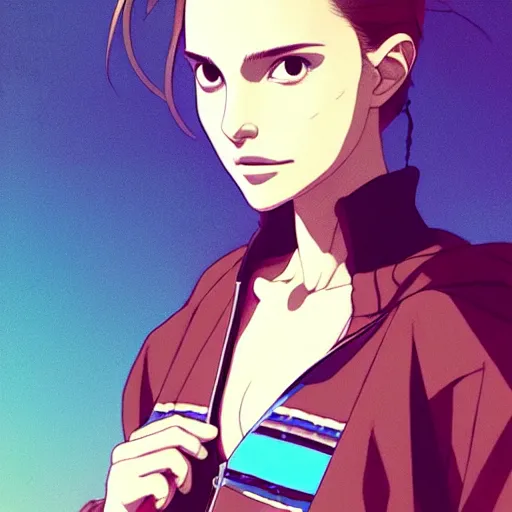 Image similar to a beautiful! boyish! natalie portman alluring gravure! model, wearing oversized aztec bomber jacket and leotard, poofy bomber jacket with mayan patterns, gapmoe yandere grimdark, trending on pixiv fanbox, painted by greg rutkowski makoto shinkai takashi takeuchi studio ghibli, akihiko yoshida