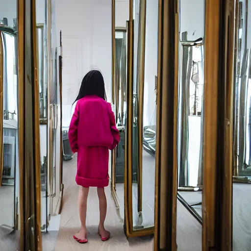 Prompt: a girl standing in a room of mirrors looking back slightly, full view