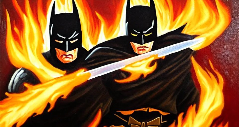 Image similar to An oil painting of a dark knight wielding a flaming sword