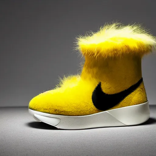 Prompt: nike shoe made of very fluffy yellow pikachu faux fur placed on reflective surface, professional advertising, overhead lighting, heavy detail, realistic by nate vanhook, mark miner
