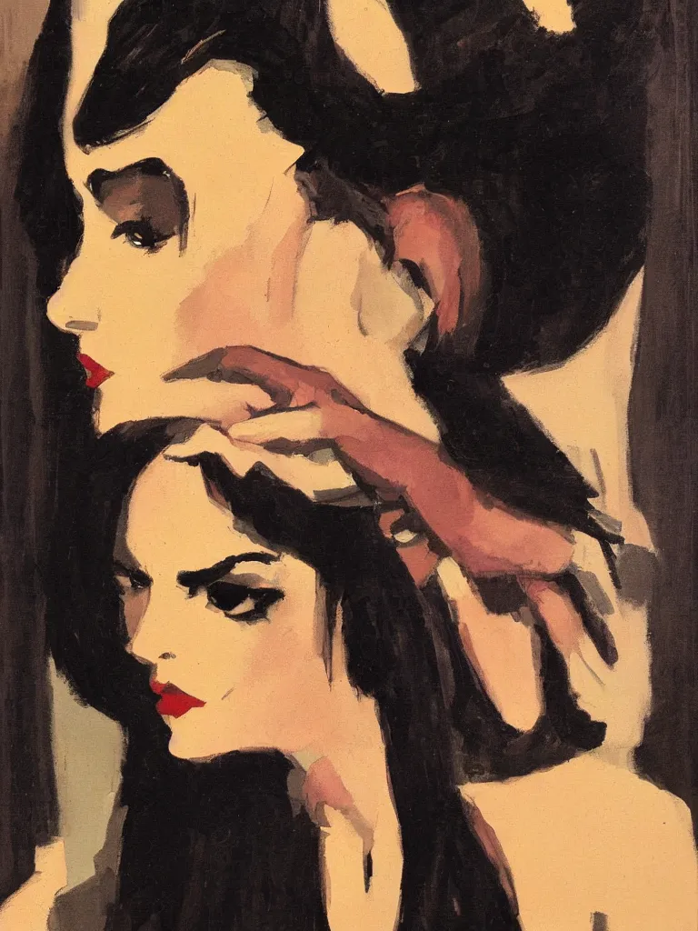 Prompt: portrait profile of one mysterious dark beautiful women in 1 9 7 8, femme fatale, oil painting by john watkiss