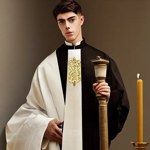 Image similar to attractive kai havertz wearing priest outfit holding large detailed ivory candlestick. natural lighting by ruan jia, portrait