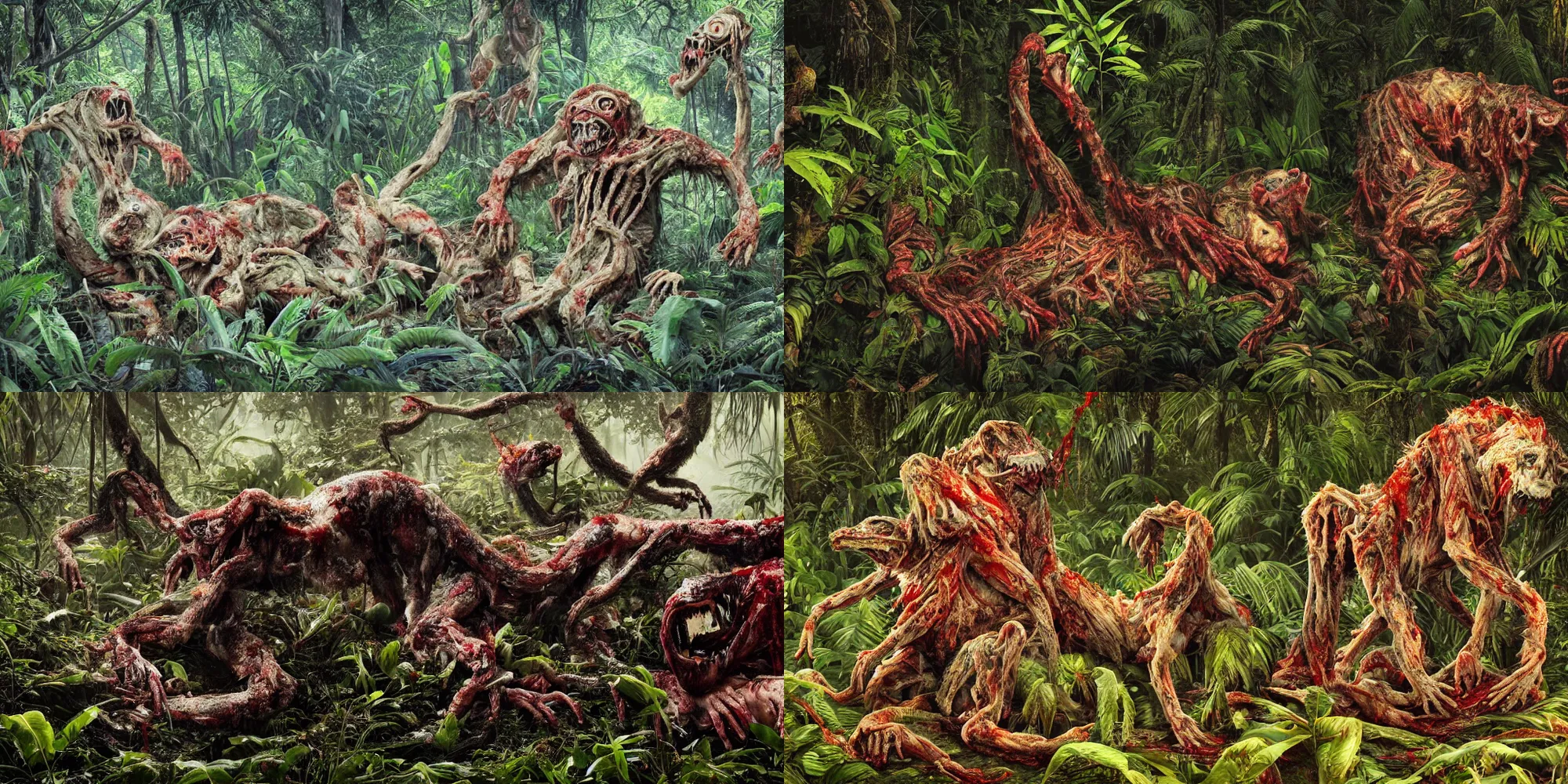 Prompt: an ultra-detailed high-quality photo of twisted humans and animals melting together, forming a livid amorphous mass of blood-oozing body horror composed of random limbs, patches of fur, eyes, teeth, and intestines falling out and slithering, in a deep lush jungle at night, hazy atmosphere