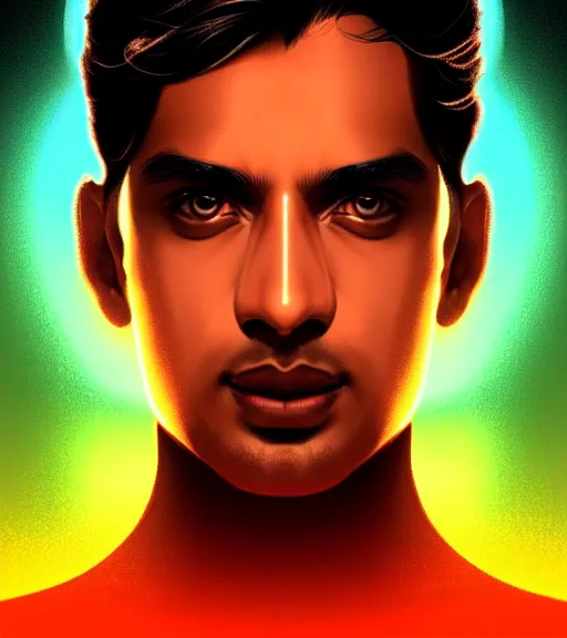 Image similar to symmetry!! indian prince of technology, solid cube of light, hard edges, product render retro - futuristic poster scifi, lasers and neon circuits, brown skin handsome indian prince, intricate, elegant, highly detailed, digital painting, artstation, concept art, smooth, sharp focus, illustration, dreamlike, art by artgerm