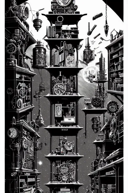 Image similar to a majestic steampunk alchemists bookshelf, two point perspective, furniture, high details, bold line art, by vincent di fate and joe fenton, inking, etching, screen print, masterpiece, trending on artstation, sharp, high contrast, hyper - detailed,, hd, 4 k, 8 k