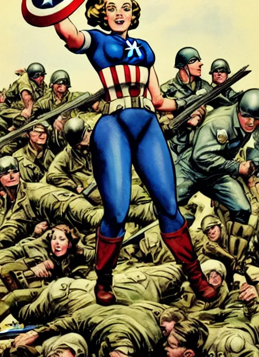 Image similar to beautiful female captain america standing on a pile of defeated german soldiers. feminist captain america wins wwii. american wwii propaganda poster by james gurney. anime