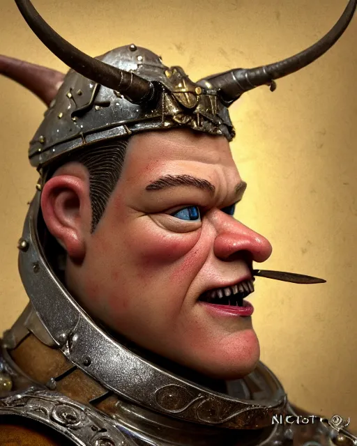 Image similar to highly detailed closeup, face profile portrait of a tin toy matt damon as a medieval demon with horns eating cakes in a castle, hyper realistic, artstation, illustration, nicoletta ceccoli, mark ryden, lostfish, dan decarlo, bob clampett, max fleischer, digital paint, matte paint, vivid colors, detailed and intricate environment