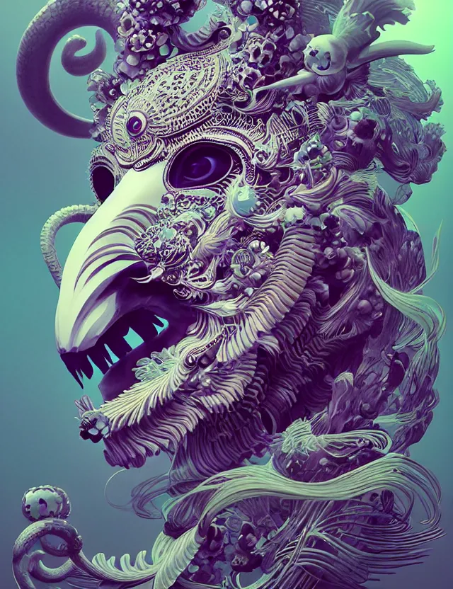 Image similar to 3 d goddess close - up profile portrait ram skull. beautiful intricately detailed japanese crow kitsune mask and clasical japanese kimono. betta fish, jellyfish phoenix, bio luminescent, plasma, ice, water, wind, creature, artwork by tooth wu and wlop and beeple and greg rutkowski