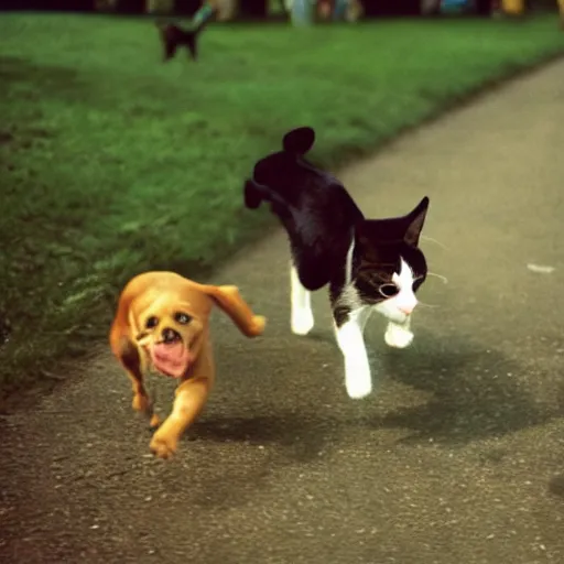 Image similar to a photo of a cat chasing a terrified dog, disposable film