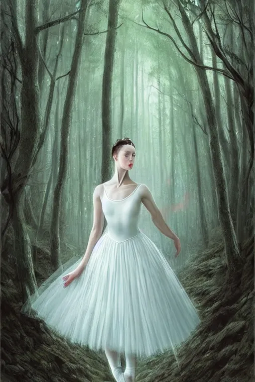 Prompt: a beautiful prima ballerina in white dress in a forest, inspired by thomas eakes & greg rutkowski & xiang duan, perfect symmetry, magic realism, post - processing, extremely hyper - detailed, intricate, soft - lighting, lifelike attributes, masterpiece, pastel'