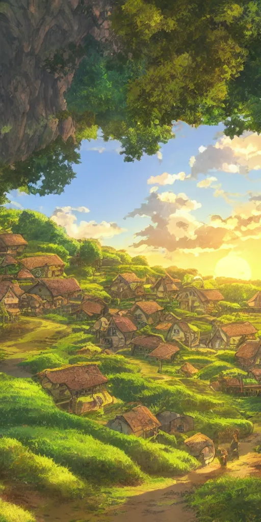 Image similar to anime screenshot wide-shot landscape hobbit village, Shire, beautiful ambiance, golden hour, studio ghibli style, by hayao miyazaki, sharp focus, highly detailed,