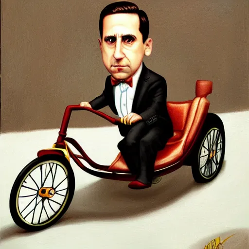 Image similar to Michael Scott on a tricycle, lowbrow painting by Mark Ryden