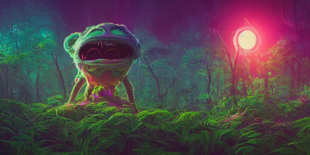 Prompt: of an intricate hazy jungle with strange colorful cute friendly funny creatures with huge eyes, long tongue, square teeth and funny face appearing from the trees, in the style of mike winkelmann, macro lens, shallow depth of field, highly detailed, digital painting, trending artstation, concept art, illustration, cinematic lighting, vibrant colors, photorealism, epic, octane render