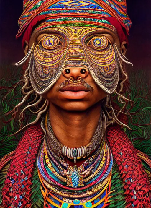 Prompt: : shipibo person fantasy, fantasy magic, , intricate, sharp focus, illustration, highly detailed, digital painting, concept art, matte, jahbu art and Paul lewin and kehinde wiley, masterpiece