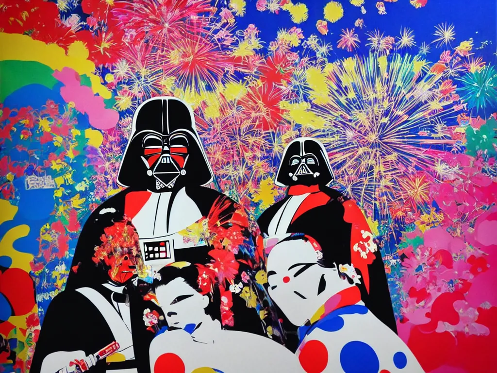 Image similar to hyperrealistic composition, in the middle a woman in a japanese kimono, behind her stands darth vader, in front of her a table from the casino, in the background is mount fuji and fireworks, pop - art style, jacky tsai style, andy warhol style, acrylic on canvas