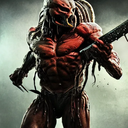 Image similar to full body pose, hyperrealistic photograph cover of predator, dim volumetric lighting, 8 k, octane beautifully detailed render, extremely hyper detailed, intricate, epic composition, cinematic lighting, masterpiece, trending on artstation, very very detailed, stunning, hdr, smooth, sharp focus, high resolution, award, winning photo, dslr, 5 0 mm