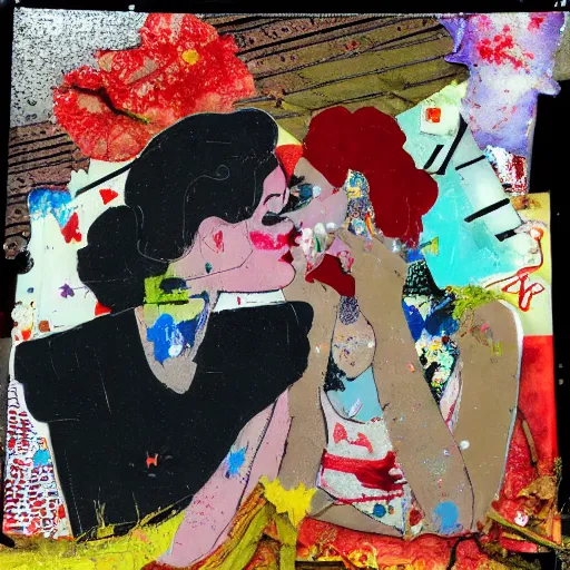 Image similar to two women kissing at a carnival in a video game, mixed media collage, retro, paper collage, magazine collage, acrylic paint splatters, bauhaus, claymation, layered paper art, sapphic visual poetry expressing the utmost of desires by jackson pollock