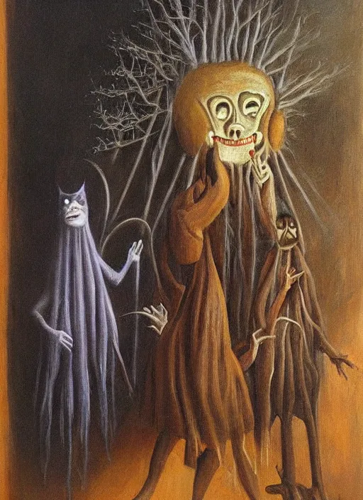 Image similar to oil painting highly detailed surreal ghosts with no faces, remedios varo