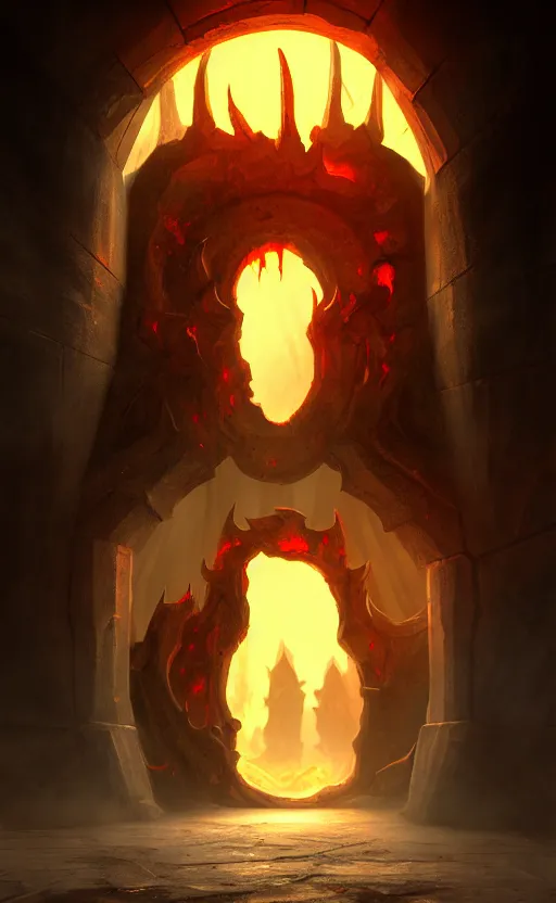 Image similar to a gate into hell, portal, doorway, dynamic lighting, ambient lighting, atmospherical, photorealistic fantasy concept art, trending on art station, stunning visuals, creative, cinematic, ultra detailed