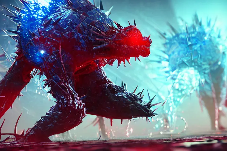 Image similar to a virus infects his host with spikes, macro, micro, nano tubes, molecular, blue and red colors, bokeh, hypermaximalistic, high details, cinematic, 8k resolution, beautiful detailed, insanely intricate details, artstation trending, octane render, unreal engine