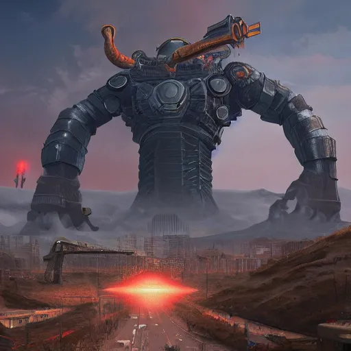 Prompt: steel colossus through thermonuclear city valley to battle star, artstation, matte painting, masterpiece