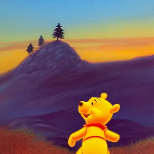 Prompt: winnie the pooh standing on a hill with sunset in background, oil painting, highly detailed