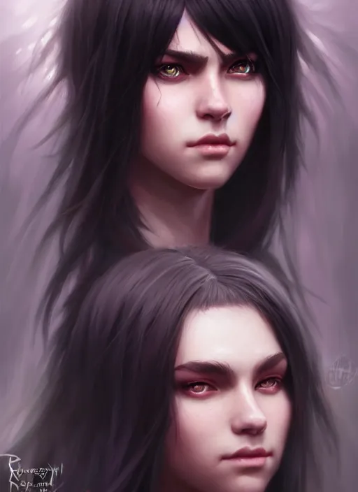 Image similar to a _ fantasy _ style _ portrait _ painting _ of young adult, black fringe hair, round face, rpg dnd oil _ painting _ unreal _ 5 _ daz. _ rpg _ portrait _ extremely _ detailed _ artgerm _ greg _ rutkowski _ greg