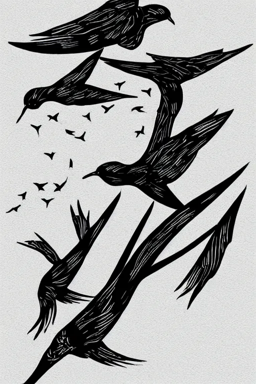 Image similar to a simple tattoo design of swallows flying into lines and basic shapes, black ink, abstract logo, line art