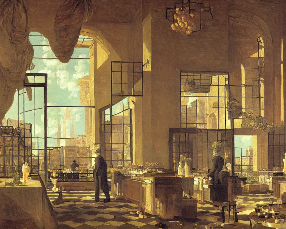 Image similar to achingly beautiful painting of a sophisticated, well - decorated bakery kitchen on a warm background by rene magritte, monet, and turner. giovanni battista piranesi.