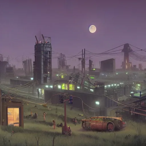 Prompt: An atompunk city with the moon shining through the clouds in utopia by Simon Stålenhag and Greg Rutkowski,In style of Grant Wood.hyper detailed,8K Resolution,unreal engine 5,Ray Tracing,highly realistic.trending on Artstation