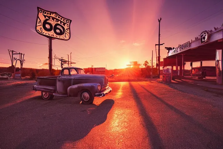 Image similar to a sunset light landscape with historical route 6 6, lots of sparkling details and sun ray ’ s, blinding backlight, smoke, volumetric lighting, colorful, octane, 3 5 mm, abandoned gas station, old rusty pickup - truck, beautiful epic colored reflections, very colorful heavenly, softlight