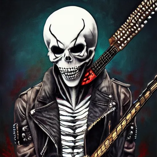 Image similar to a portrait of the grim reaper as a punk rocker playing an electric guitar, punk, skeleton face, mohawk, dark, fantasy, leather jackets, spiked collars, spiked wristbands, piercings, boots, ultrafine detailed painting by frank frazetta and vito acconci and michael whelan and takeshi obata, death note style, photoshop details