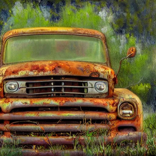 Image similar to Realistic impressionist painting of an old rusty pickup truck overrun by kudzu