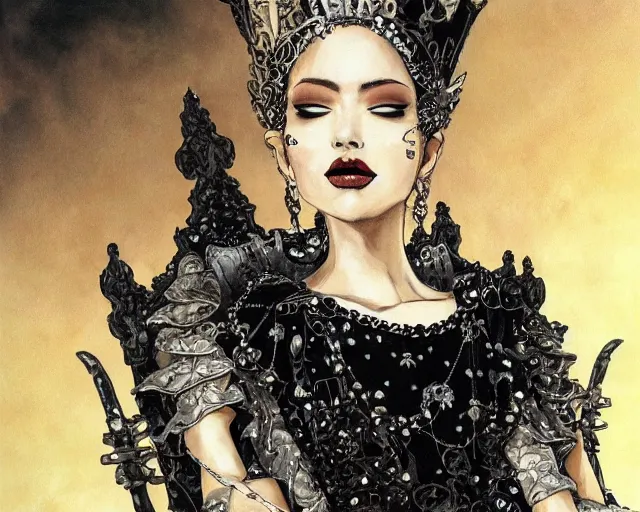 Image similar to an illustration of a queen wearing a beautiful black dress on a stone throne by yoshitaka amano, by katsuhiro otomo realistic, detailed, oil painting