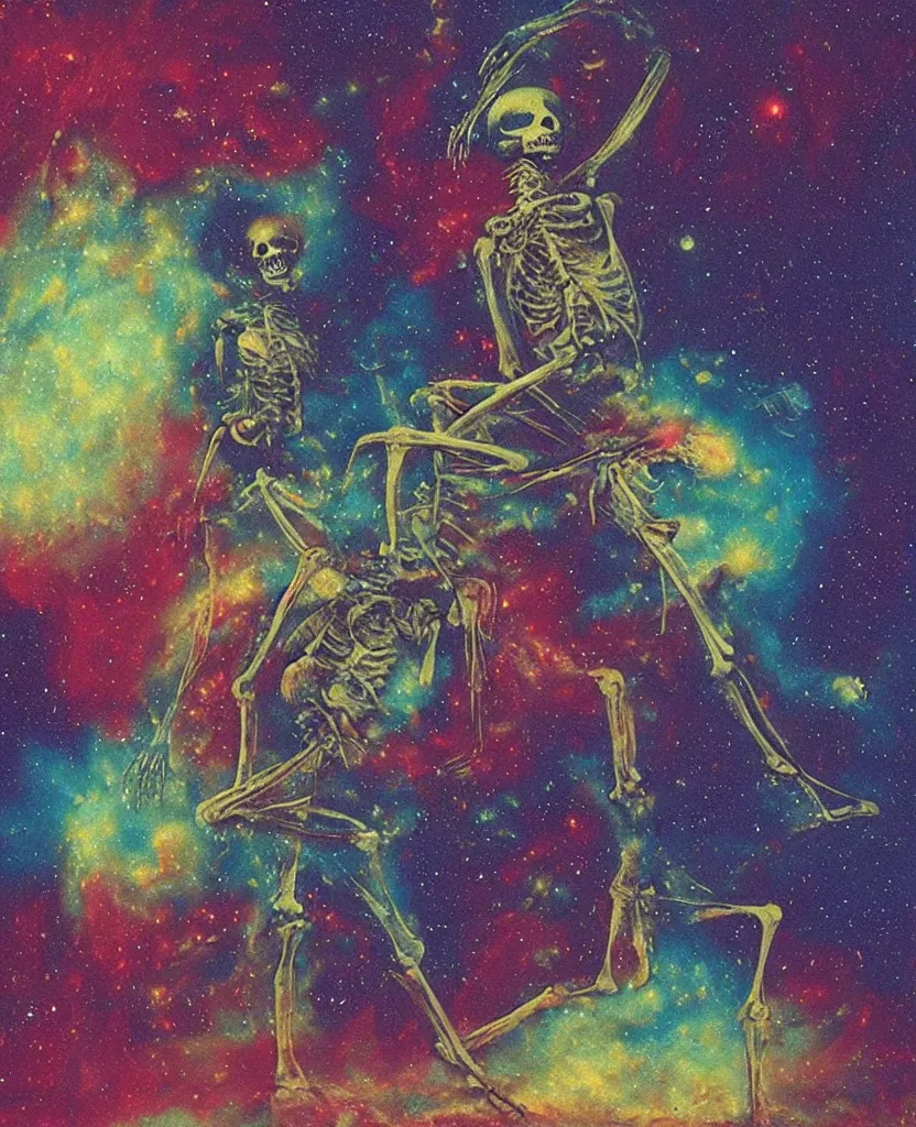 Image similar to a psychedelic cosmonaut skeleton tearing his suit off, rainbow melting color scheme, floating in the cosmos nebula, Beksinski