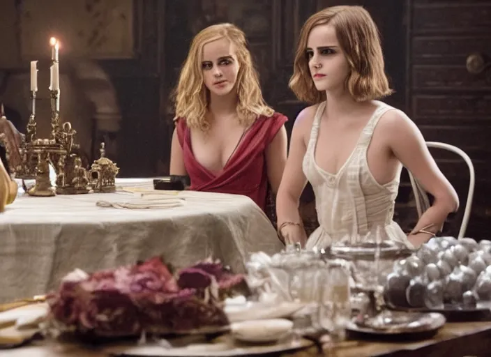 Image similar to movie still of a emma watson with a very big bust sitting at a table with katy perry, smooth white skin, directed by Guillermo Del Toro