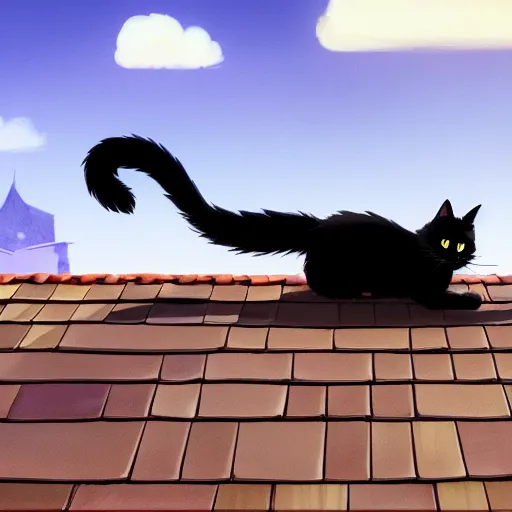 Image similar to a wholesome animation key shot of a black cat seated on top of a roof with tiles, medium shot, studio ghibli, pixar and disney animation, sharp, rendered in unreal engine 5, anime key art by greg rutkowski, bloom, dramatic lighting, golden hour