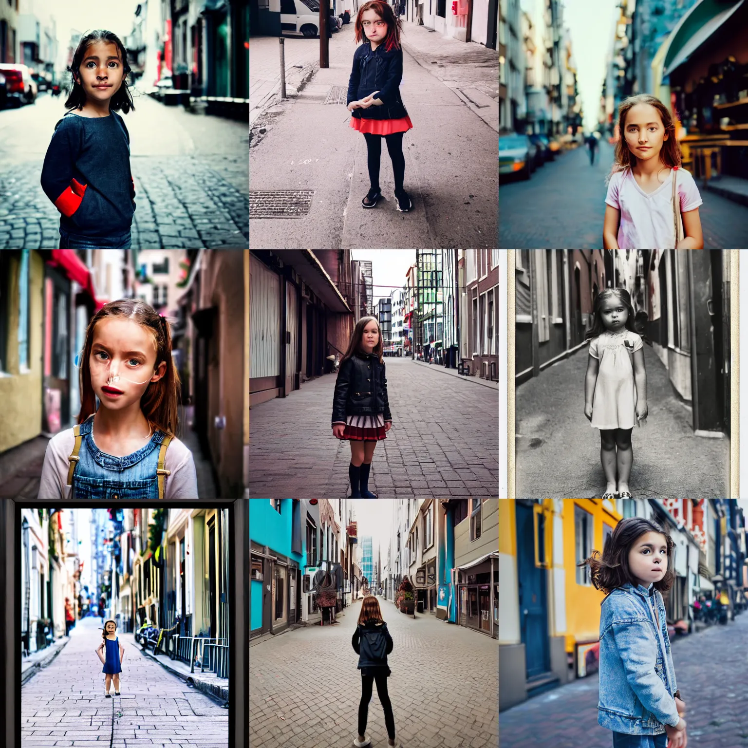 Prompt: tilted frame, dutch angle, skewed shot photoreal portrait of curious girl standing in city street looking at camera.