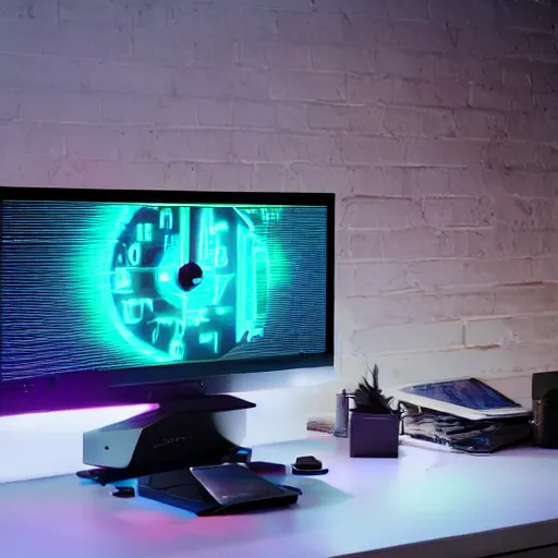 Image similar to a cyberpunk desk computer that runs on biotechnology, mechanical clock, fallout 5, studio lighting, deep colors