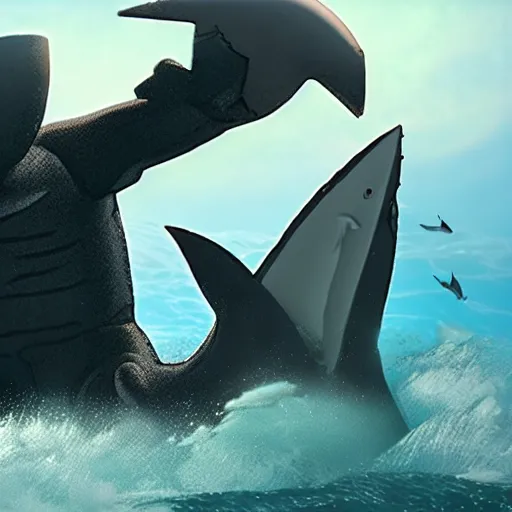 Prompt: low budget 3 d animation, a giant athletic sleek rounded humanoid mech fighting a giant shark kaiju monster in the ocean