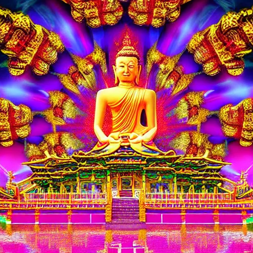Prompt: large buddhist temple in astral realm, albert hoffman as prophet standing in front of it, symmetrical picture, surreal semi - transparent psychedelic fractals floating around, 5 th dimension, high quality digital painting, 3 d effects, photorealism