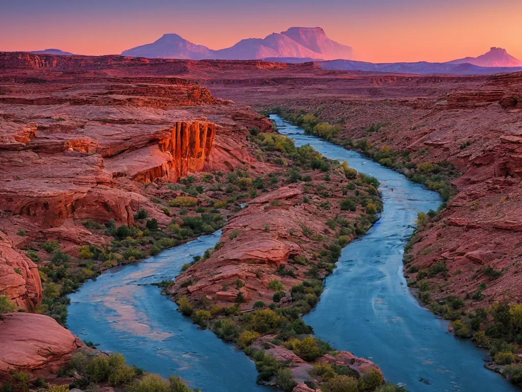 Prompt: “a river running through a canyon surrounded by desert mountains at sunset, moab, utah, a tilt shift photo by Frederic Church, trending on unsplash, hudson river school, photo taken with provia, national geographic photo, tilt shift”